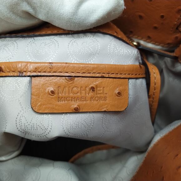 Michael Kors Hamilton Brown Leather Ostridge Embossed Lock Satchel Shoulder Bag - Picture 12 of 16